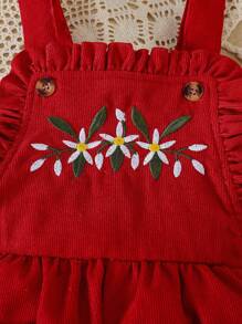 SHEIN 2pcs/Set Young Girl Embroidery Floral Jumpsuit - Burgundy - View 3