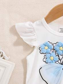 SHEIN 女婴 2 件套休闲蝴蝶短袖上衣和裙子套装，春夏 - 藍色 - 查看 3