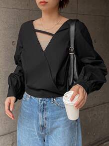 FRIFUL 1pc Women Casual Solid Color Lantern Sleeve Wrap Shirt, Autumn Long Sleeve Top