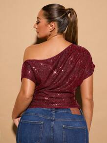 SHEIN BAE Top asimétrico de manga corta con hombros descubiertos, acampanado y con brillo y lentejuelas para mujer talla grande, adecuado para fiestas elegantes de otoño, fiestas y ocasiones elegantes de Halloween