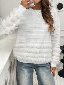 Chiquease Elegant Fluffy Long Sleeve Round Neck Solid Color Sweater For Women, Knit Pullover Fall Winter - White - View 3