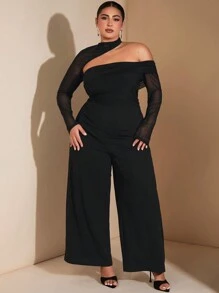SHEIN BAE Plus Size Elegant Black Mesh Asymmetric Splicing Jumpsuit,Elegant,Halloween Women Costumes,Christmas - Black - View 2