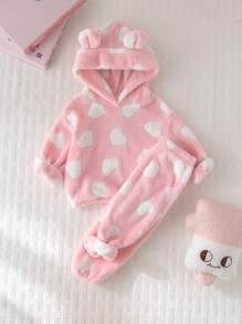 Cozy Pixies 2 件套女婴毛绒连帽运动衫，带 3D 耳朵和裤子套装，冬季服装 - 粉色 - 查看 7