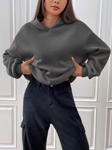 SHEIN EZwear Women's Casual Letter Print Gray Knitted Hoodie Sweatshirt For Autumn,Long Sleeve Tops