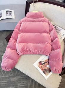 SHEIN Leap Crew Chaqueta de terciopelo retro informal/rosa/para adolescente, adecuada para vacaciones, fiesta, chaqueta acolchada, franela, pana, cremallera de cuarto - Rosa vieja - Ver 8