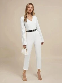 SHEIN Clasi 女士优雅 V 领白色长款褶皱喇叭袖连体裤 - 白色 - 查看 5