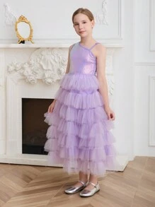 SHEIN Girls Elegant Luxurious Lavender Sleeveless Multi-Layer Tulle Midi Dress, Suitable For Evening, Party, Wedding, Birthday, Holiday, Christmas, Halloween