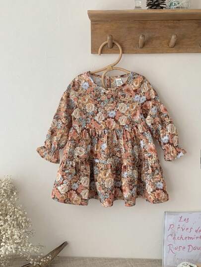 SHEIN LMoss Kids LMoss Baby Girl Baby Girl Retro Floral Print Long Sleeve Dress, Autumn/Winter