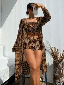Swim Lushoire 3 pièces/Set Maillot de bain femme avec imprimés aléatoires, pour l'été
