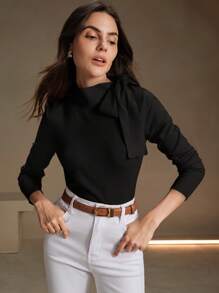 Anewsta Áo len chui đầu thiết kế nơ vai màu trơn thanh lịch dành cho nữ, thích hợp cho mùa thu, mùa đông, đi chơi, giải trí, trang trọng, tiệc tùng, thời trang, năm mới, giáng sinh, công sở, tốt nghiệp, đám cưới - màu đen - Xem 6