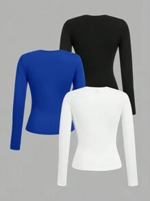 SHEIN EZwear 3pcs Set Women Casual Bodycon Long Sleeve T-Shirt Suits, Round Neck, Suitable For Spring, Autumn & Winter Autumn And Winter - Multicolor - View 2