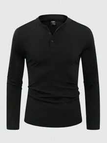 Manfinity Homme Men Casual Plain Half Button Up Long Sleeve T-Shirt, Spring/Autumn, Black Plain Casual Work Long Sleeve T-Shirt, Boyfriend Gift