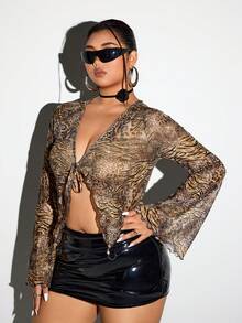 SHEIN ICON Áo lưới họa tiết da báo buộc nơ phía trước cho nữ cỡ lớn - Nhiều màu - Xem 2