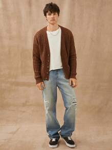 Men Premium 91% Cotton Denim And Repair Straight Leg Jeans - Medium Wash - View 2