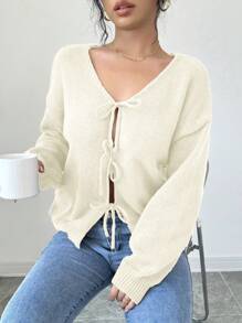 SHEIN Unity 女士休闲纯色前系带落肩开衫，秋冬季长袖上衣 - 杏色 - 查看 4