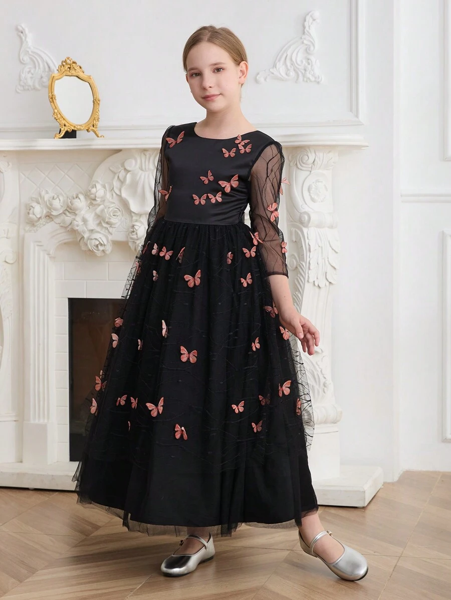 SHEIN Vestido de princesa con decoración de encaje y mariposas para niñas, vestido formal de tul esponjoso, para otoño/invierno, recital de piano o desfile de moda, para niñas preadolescentes
