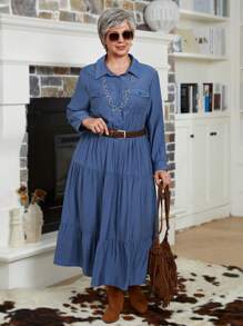 EMERY ROSE 大码女式纯色长袖单排扣荷叶边下摆休闲衬衫裙，秋冬女装，大码秋装 - 藍色 - 查看 3