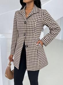 Zolique 女士休闲千鸟格纹单排扣中长夹克 - 咖啡棕 - 查看 6