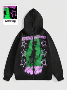 ROMWE MEN Street Life Men's Luminous Street Print Zip-Up Hoodie - Black - View 2