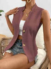 SHEIN ChicEase Women's Casual Solid Color V-Neck Single-Breasted Fitted Lightweight Waistcoat - Purple - View 3