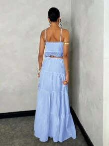 SHEIN BAE Women's Summer Beach Vacation Romantic Date Everyday Wear Sling Lace Splice Tie Top + Low Waist Ruched Holiday A-Line Super Long Dress Linen Fabric Set
