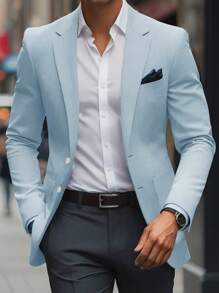 Calvornis Men's Solid Color Lapel Neck Single Breasted Long Sleeve Suit Jacket For Business Travel, Autumn - Baby Blue - View 1