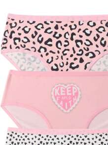 10pcs/Pack Tween Girl Chic Leopard Print & Solid Color Trim Heart Pattern Panties, Suitable For Autumn/Winter/All Seasons