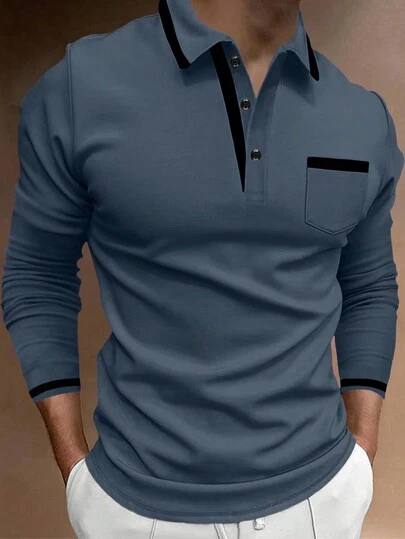 Manfinity Homme 男士纯色撞色拼接前扣长袖口袋休闲 Polo 衫，男士蓝色 Polo 衫，男士休闲衬衫，男士蓝色上衣，男士立领衬衫，秋季