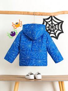 SHEIN Young Boys Classic Versatile Casual Cool Hooded Warm Spider Web Superhero Full Print Thick Padded Winter Snow Parka, Autumn/Winter - Blue - View 2