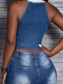 Slaydiva Women's Summer Boat Neck Contrast Color Zipper Fitted Short Denim Vest - Dark Wash - View 3