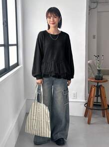 FRIFUL Women Solid Color Round Neck Dolman Sleeve Ruffle Hem T-Shirt, Autumn