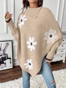 SHEIN Clasi Women Flower Pattern Batwing Sleeve Loose Knit Sweater, Casual For Daily Wear In Autumn/Winter