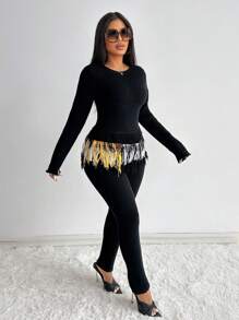 Zolique Bộ 2 áo len dài tay cổ tròn có viền tua rua và quần dệt kim bó sát cho nữ, mùa thu/đông - màu đen - Xem 1