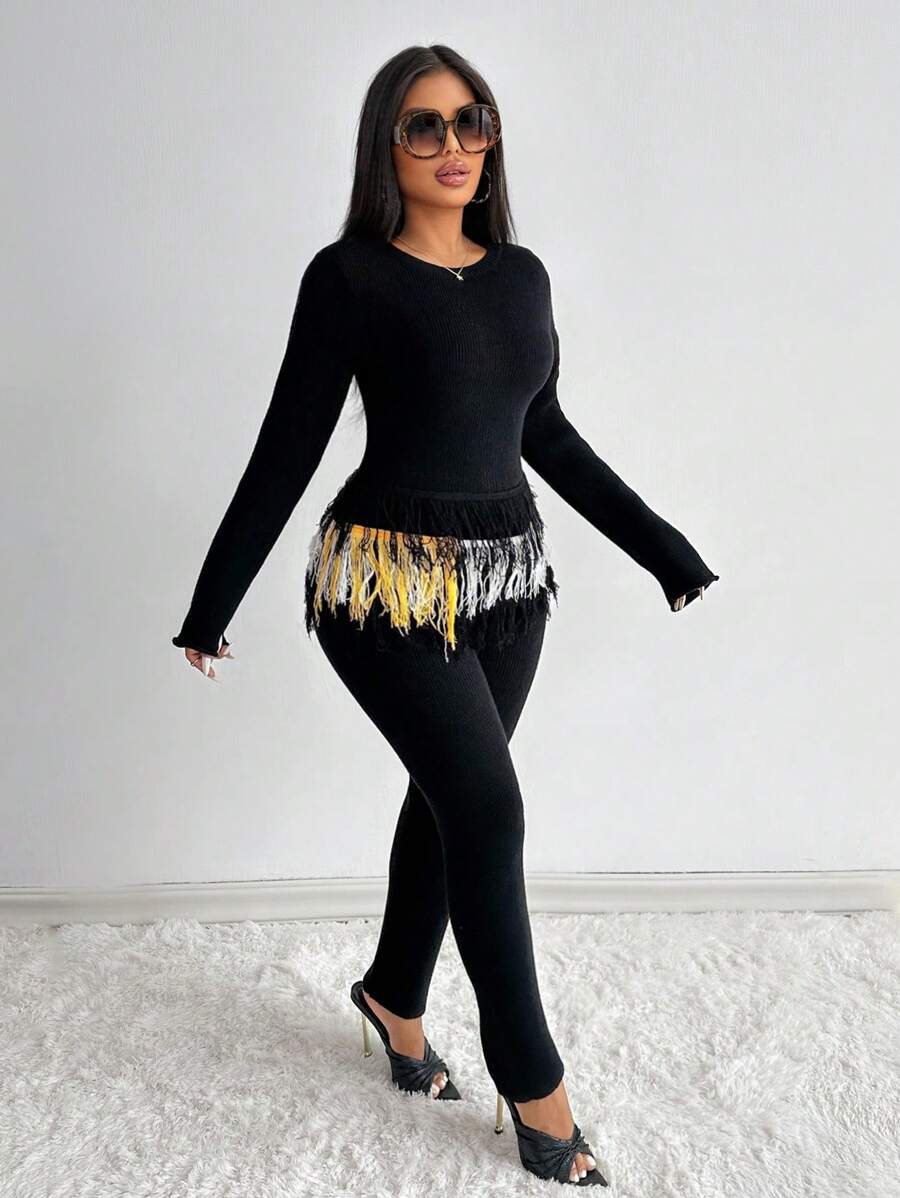 Zolique Bộ 2 áo len dài tay cổ tròn có viền tua rua và quần dệt kim bó sát cho nữ, mùa thu/đông - màu đen - Xem 1