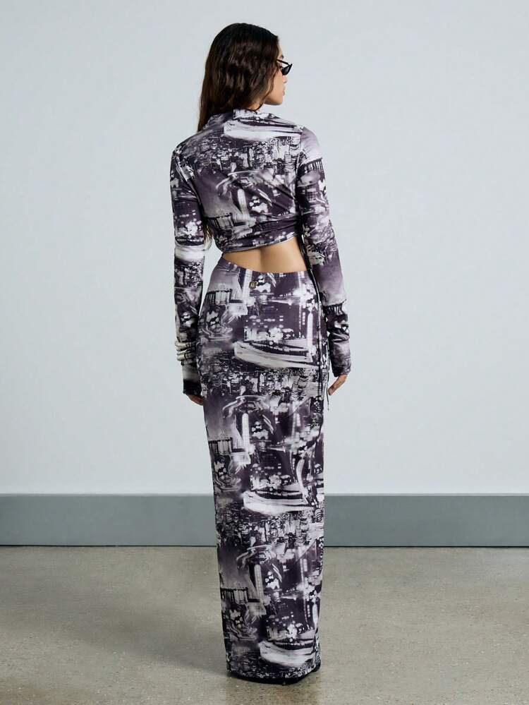 Printed Stand Collar Long Sleeve Cut Out Detail Ruched Side With Tie Bodycon Maxi Dress