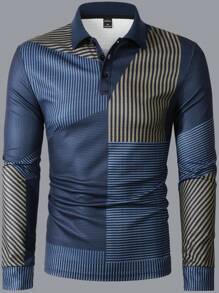 Manfinity Homme Camisa polo de manga larga con cuello, estampado de parche y diseño casual de negocios para hombres, para el trabajo