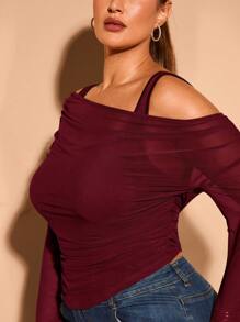 SHEIN BAE Áo hai dây tay dài dáng trumpet cổ lệch bất đối xứng cỡ lớn, kiểu dáng thanh lịch và ngọt ngào, phù hợp cho những buổi đi chơi hàng ngày và hẹn hò. - Màu Đỏ Sâu - Xem 6