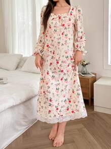 Dream Adore Cute Cartoon Pattern Flared Long Sleeve Nightgown Babydoll, Summer Holiday Season - Apricot - View 4