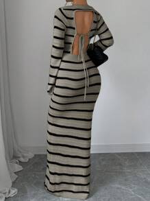 Chiquease 女式条纹露背系带喇叭袖毛衣连衣裙 - 卡其色 - 查看 2