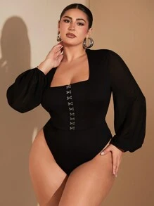 SHEIN BAE Plus Size Curve Big Woman Sexy Elegant Party Birthday Black Large Square Collar Buttoned Chiffon Puff Sleeve Bodysuit Long Sleeve Bodysuit Fall And Winter Bodysuit - Black - View 7