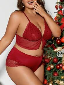 Conjunto de pijama de encaje y malla sexy para mujer de talla grande para Navidad