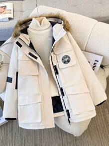 Comfortcana 女款秋冬字母连帽长袖米色编织棉服外套 - 杏色 - 查看 1