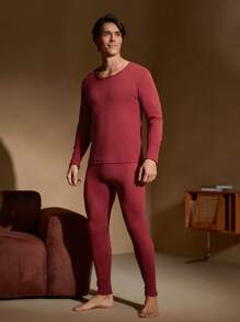 Solid Color Men 2pcs Warm Outfit - Round Neck Long Sleeve Top And Long Pants Set