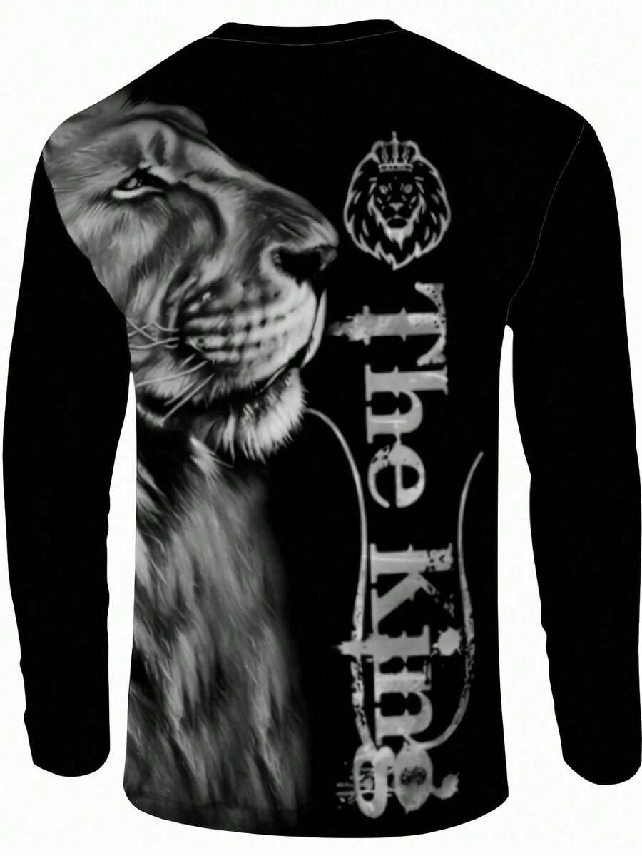 Manfinity LEGND Áo thun nam cổ tròn dài tay in chữ và sư tử 3D, phong cách đường phố, mùa xuân và thu - Nhiều màu - Xem 1