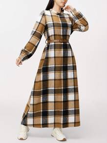Mulvari Women's Retro Plaid Cinched Waist Long Sleeve Modest Dress, Autumn - Khaki - View 6