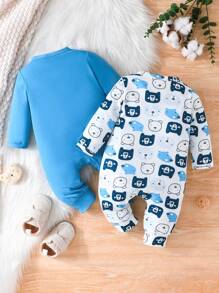 2 件套男婴冬季卡通印花前纽扣长袖睡衣连体衣 - 彩色 - 查看 2