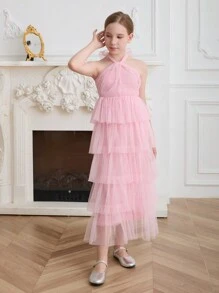 SHEIN Summer Elegant Flower Girl Birthday Party,Masquerade,Prom,Wedding - Pink - View 4