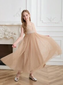 SHEIN Vestido elegante de línea A con cuello en V y cadena de strass para niñas, vestido de gala formal adecuado para bodas, bailes y cumpleaños - Champán - Ver 4