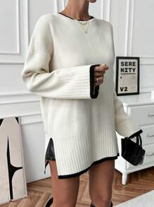 EURMUSE Women Casual Everyday Wear Contrast Trim Round Neck Split Hem Sweater, Autumn/Winter - Apricot - View 4