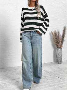 Calvaya 大码圆领长袖条纹毛衣，适合日常休闲穿着，针织套头衫，秋冬季款 - 黑與白 - 查看 6